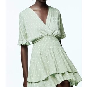 ZARA‎ Elegant Green Polka Dot Dress Embroidered.